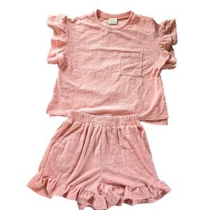 New In by Very J Pink Daisy Embossed Ruffle Sleeve Top and Shorts Set NWT Small